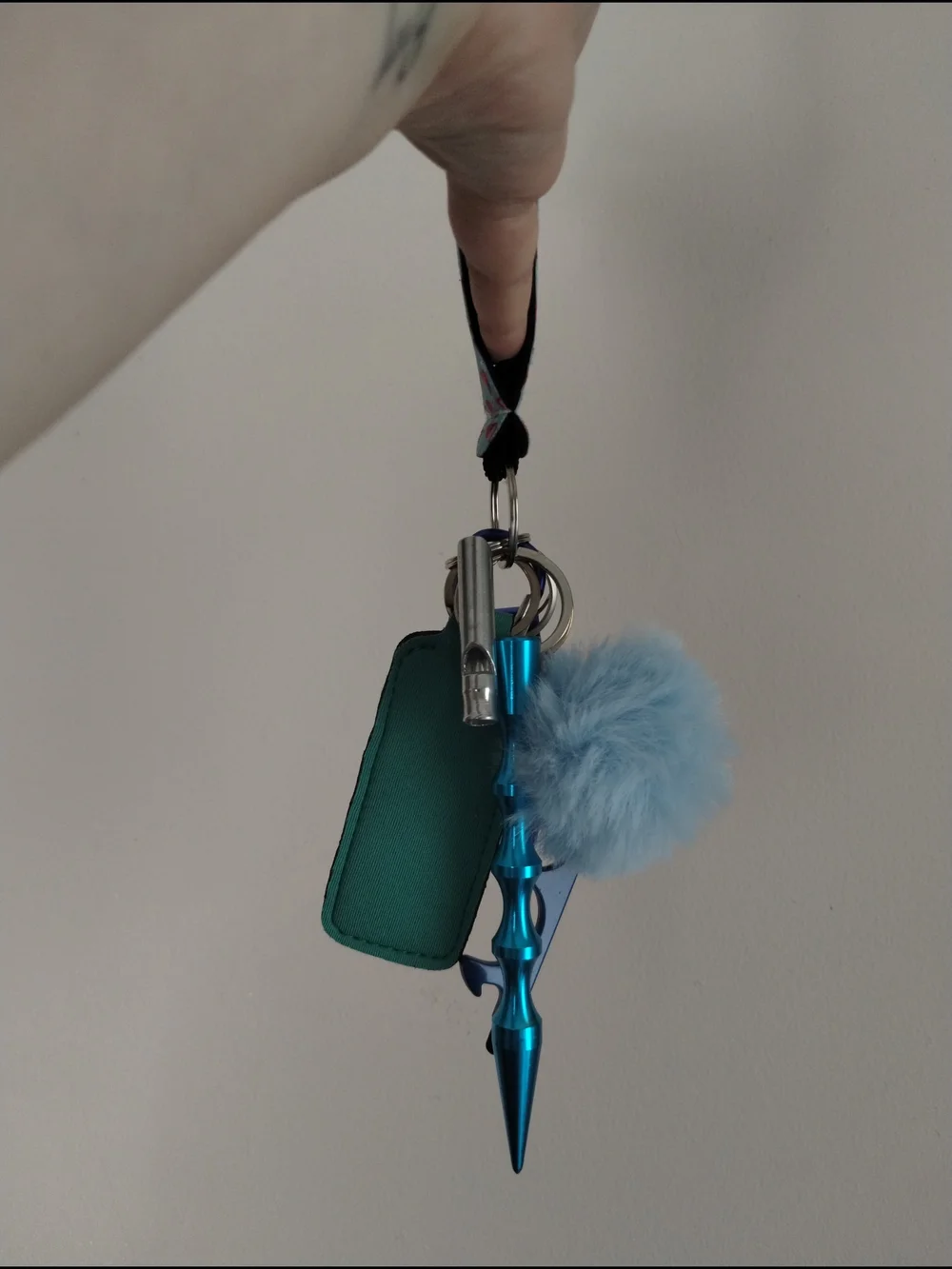 Flamingo Print Wristlet Keychain with Blue Pom Pom